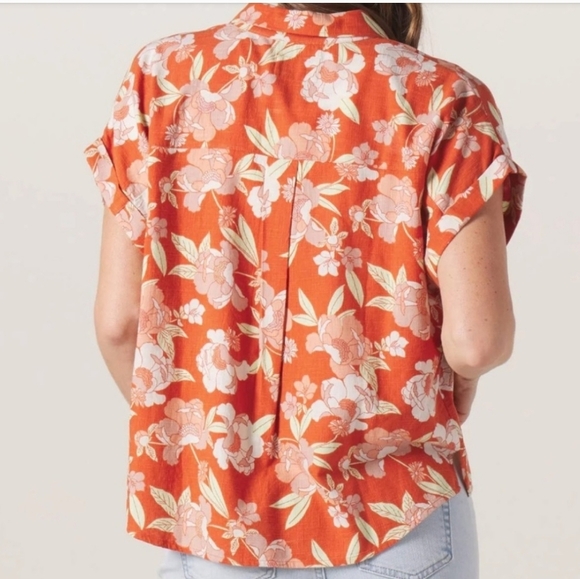 The Normal Brand | Orange Tropical Floral Cropped Button Front Shirt Size XS - Picture 6 of 8